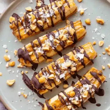 Amazing Frozen Banana Snickers Recipe 3 Gourmet pastry-wrapped banana bars topped with dark chocolate, chopped peanuts, and sea salt, embodying the flavors of a decadent Frozen Banana Snickers.