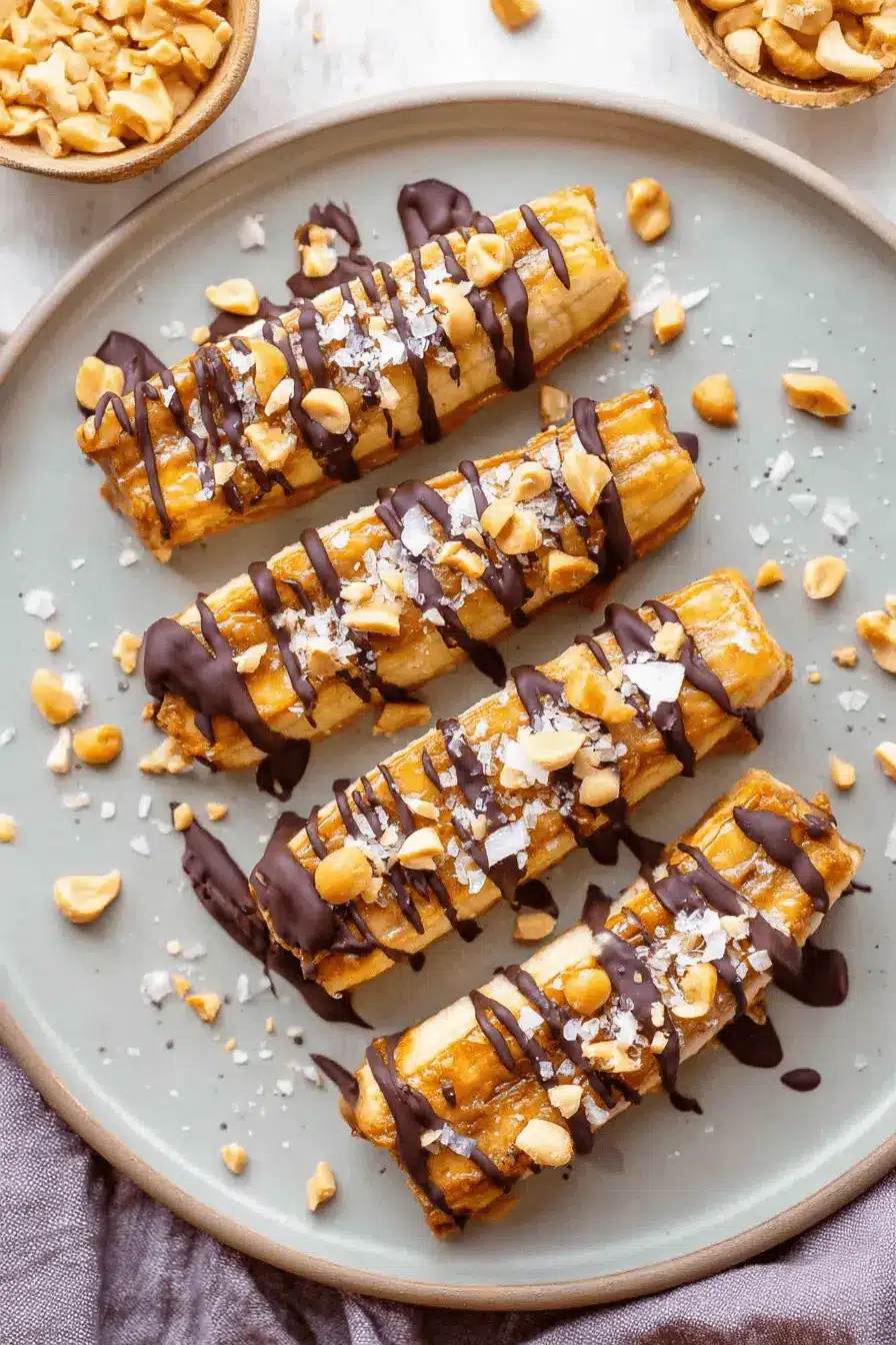 Amazing Frozen Banana Snickers Recipe 2 Gourmet pastry-wrapped banana bars topped with dark chocolate, chopped peanuts, and sea salt, embodying the flavors of a decadent Frozen Banana Snickers.