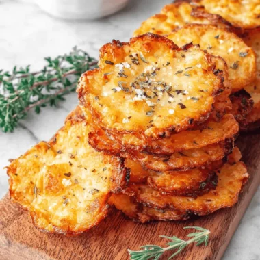 Amazing Easy Cottage Cheese Chips Recipe 3 A stack of golden, herb-seasoned cheese crisps on a wooden board, similar in texture to homemade low-carb cottage cheese chips.
