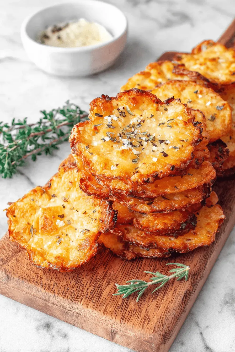 Amazing Easy Cottage Cheese Chips Recipe 2 A stack of golden, herb-seasoned cheese crisps on a wooden board, similar in texture to homemade low-carb cottage cheese chips.