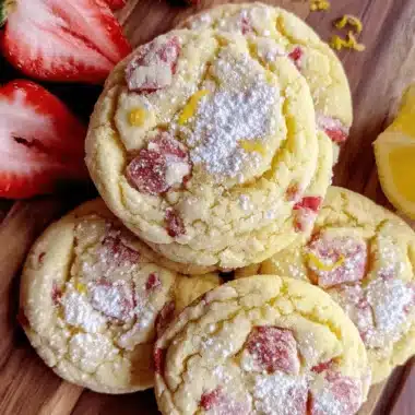 Amazing Lemon Strawberry Cookies Recipe 4 Stack of powdered sugar-dusted Lemon Strawberry Cookies on a rustic wooden board, garnished with fresh fruit and lemon zest.