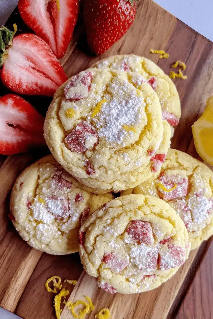 Amazing Lemon Strawberry Cookies Recipe 2 Stack of powdered sugar-dusted Lemon Strawberry Cookies on a rustic wooden board, garnished with fresh fruit and lemon zest.