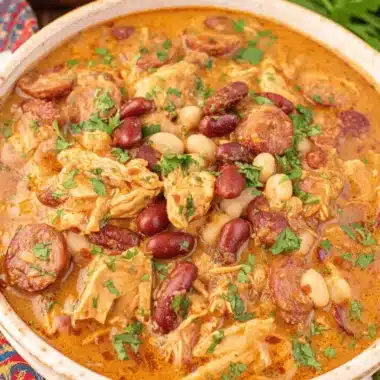 Ultimate Cajun White Chicken Chili in Under an Hour 4 Hearty bowl of cajun white chicken chili topped with fresh herbs, showcasing shredded chicken, white beans, and spicy red sausage.