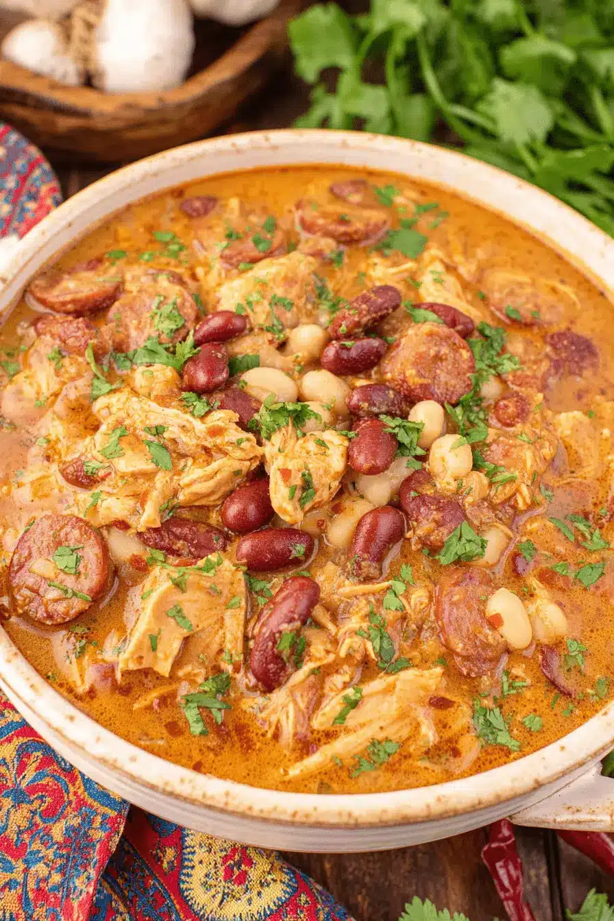 Ultimate Cajun White Chicken Chili in Under an Hour 2 Hearty bowl of cajun white chicken chili topped with fresh herbs, showcasing shredded chicken, white beans, and spicy red sausage.