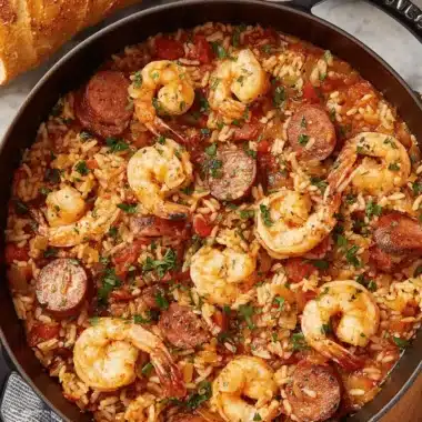 Amazing One-Pot Jambalaya Recipe 3 Close-up of a hearty shrimp and andouille sausage jambalaya recipe served hot in a rustic cast-iron skillet.
