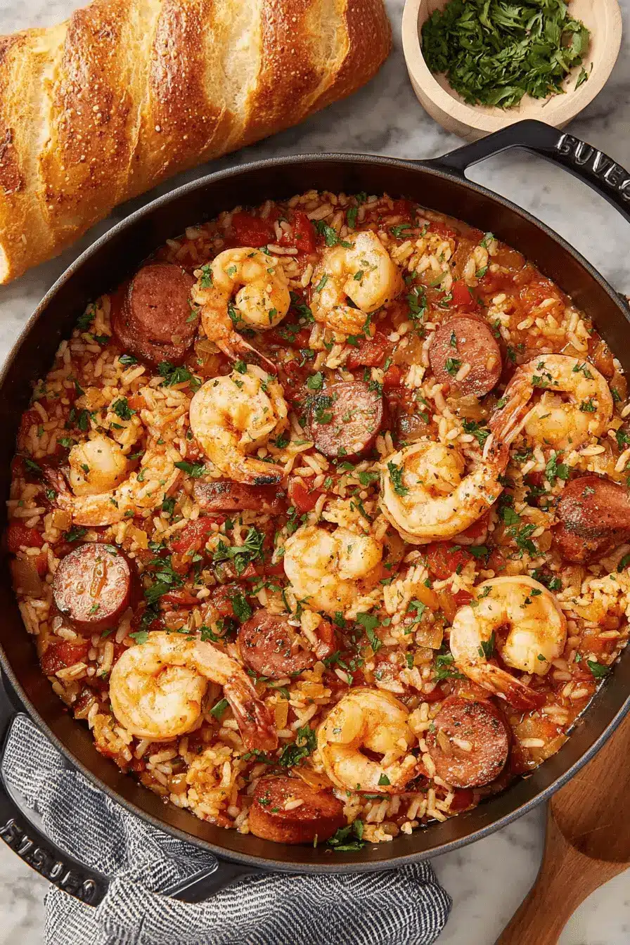 Amazing One-Pot Jambalaya Recipe 2 Close-up of a hearty shrimp and andouille sausage jambalaya recipe served hot in a rustic cast-iron skillet.