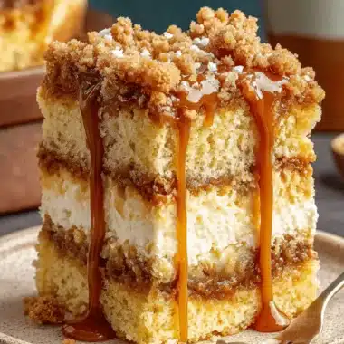 Ultimate Coffee Caramel Cake: Easy, Moist & Delicious 4 Decadent slice of coffee caramel cake with thick crumb topping and glossy golden caramel sauce drizzle.