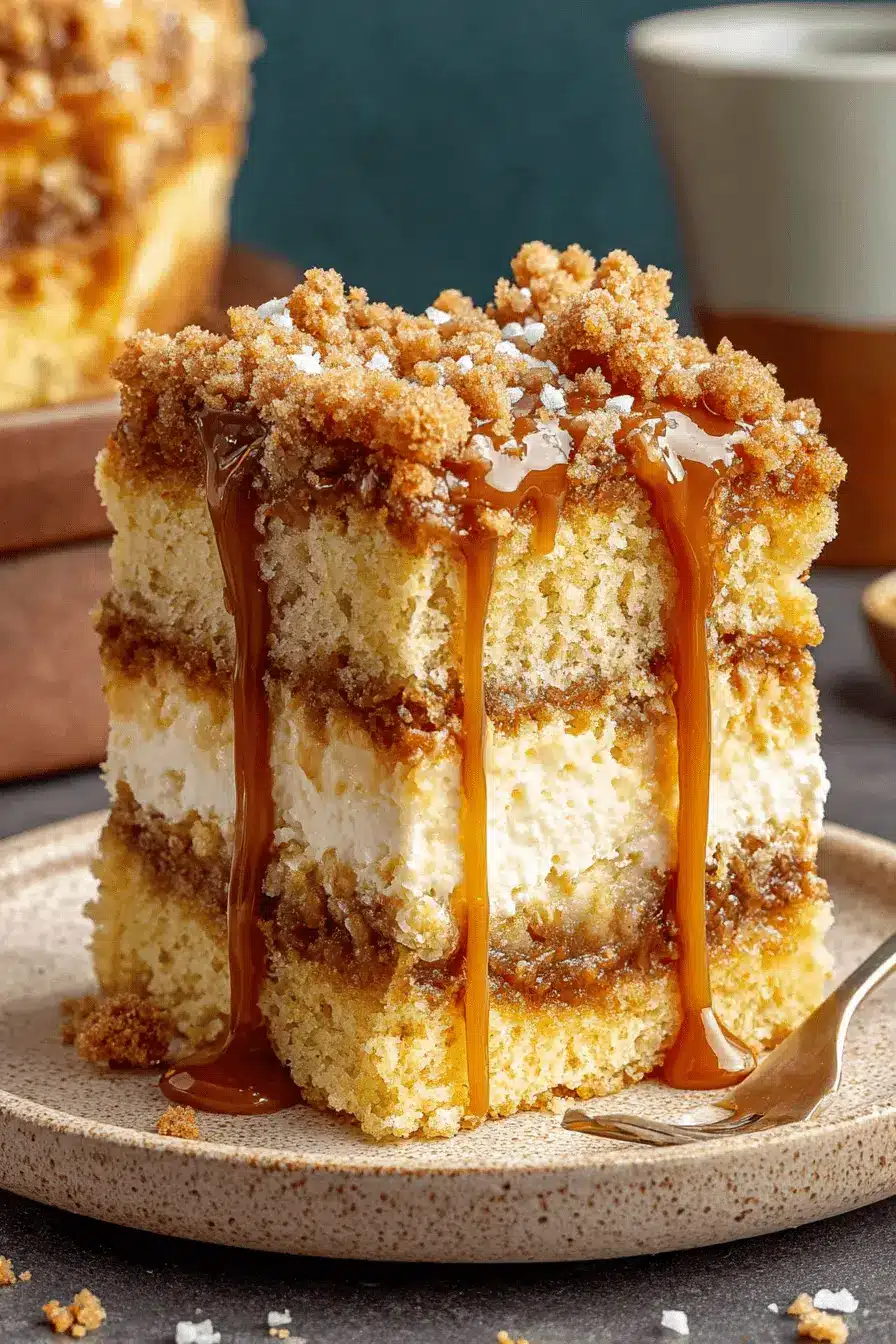 Ultimate Coffee Caramel Cake: Easy, Moist & Delicious 2 Decadent slice of coffee caramel cake with thick crumb topping and glossy golden caramel sauce drizzle.