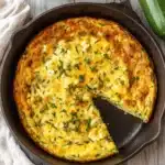 The Ultimate Foolproof Zucchini Frittata Recipe 7 Golden brown zucchini frittata recipe in a cast-iron skillet, garnished with chives on a rustic wooden background.