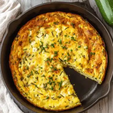 The Ultimate Foolproof Zucchini Frittata Recipe 4 Golden brown zucchini frittata recipe in a cast-iron skillet, garnished with chives on a rustic wooden background.