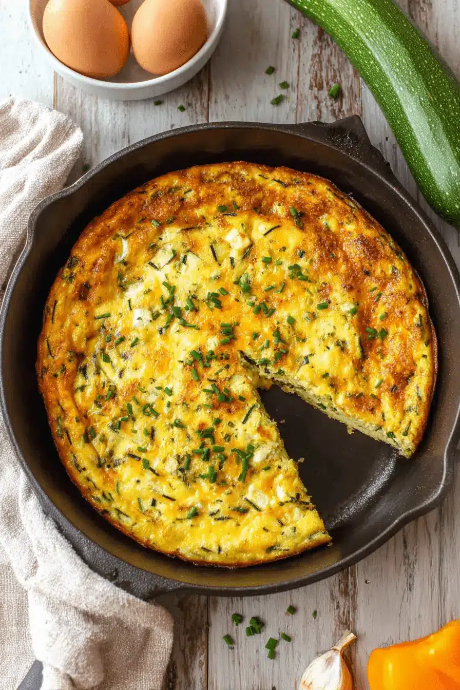 The Ultimate Foolproof Zucchini Frittata Recipe 2 Golden brown zucchini frittata recipe in a cast-iron skillet, garnished with chives on a rustic wooden background.