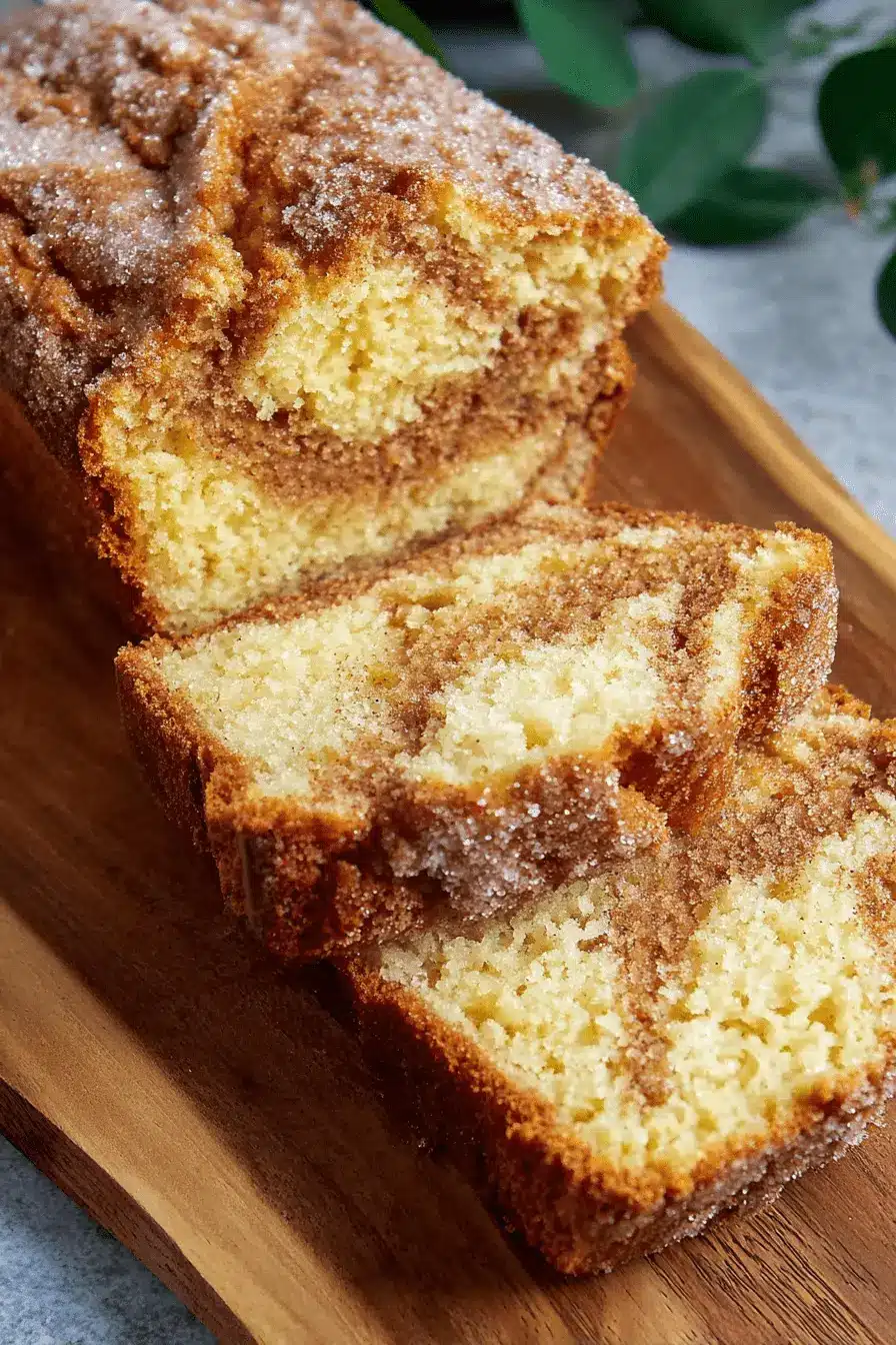 Amazing Easy Amish Cinnamon Bread Recipe 2 Sliced loaf of freshly baked amish cinnamon bread dusted with sugar on a rustic wooden board.