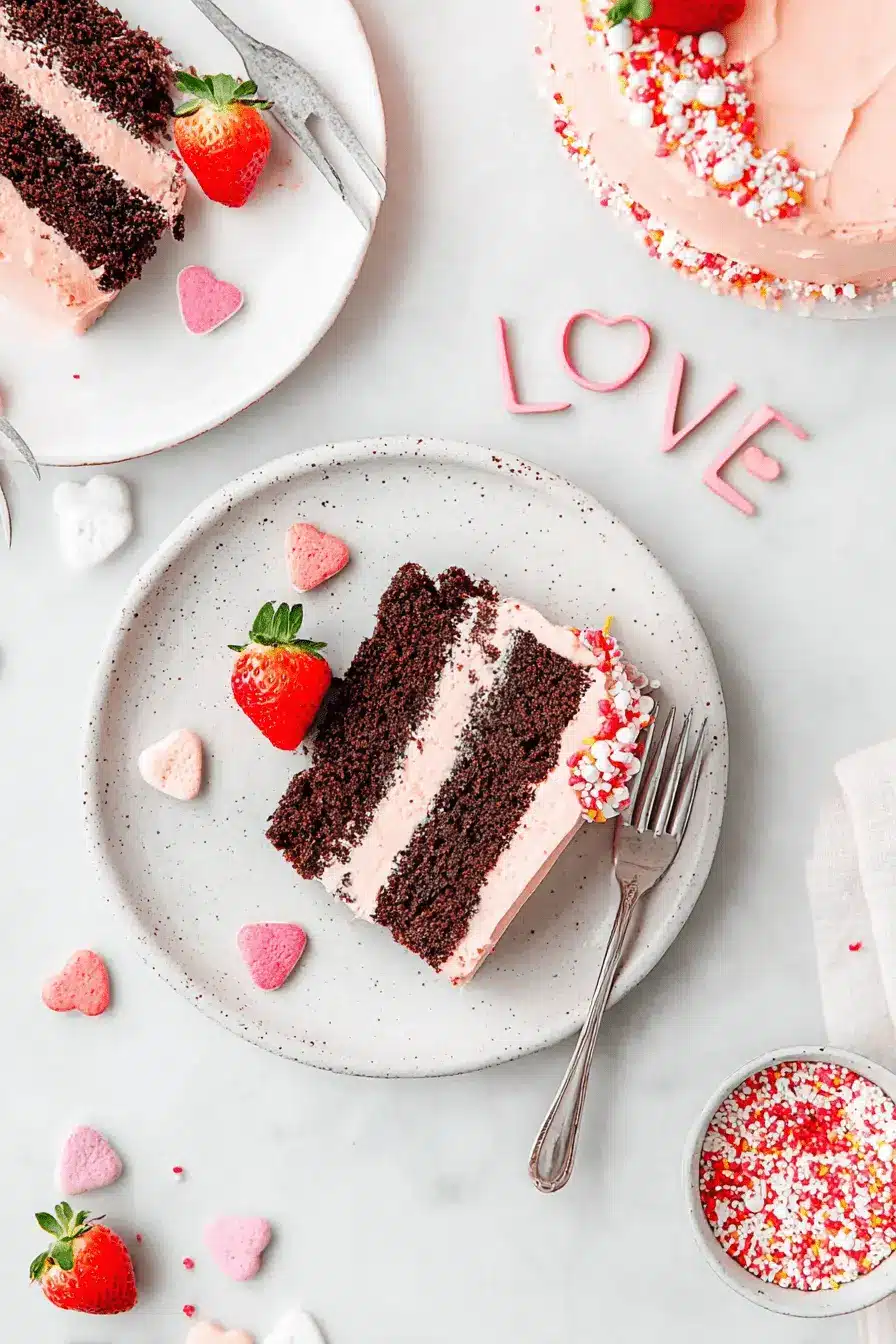 Stunning Valentine's Day Cake Recipe 2 Top-down image of a slice of layered chocolate valentine's day cake featuring pink frosting, heart candies, and fresh strawberries on a bright surface.