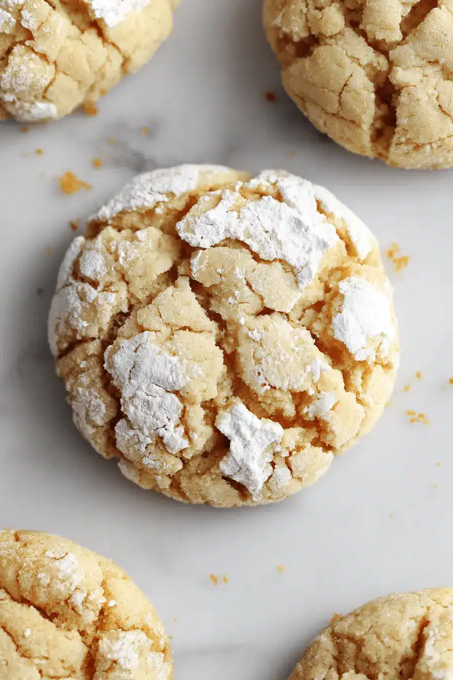 Magic Brown Butter Cinnamon Crinkle Cookies 2 Close-up of golden-brown brown butter cinnamon crinkle cookies dusted heavily with powdered sugar on white marble.