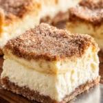 Amazing Easy Churro Cheesecake Bites 6 Close-up of a square portion of creamy, cinnamon-dusted churro cheesecake bites being lifted from a wooden board.