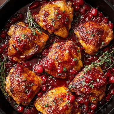 Amazing Cranberry Orange Chicken for Busy Nights 3 Top-down view of glistening cranberry orange chicken thighs in a cast-iron skillet, garnished with fresh thyme.