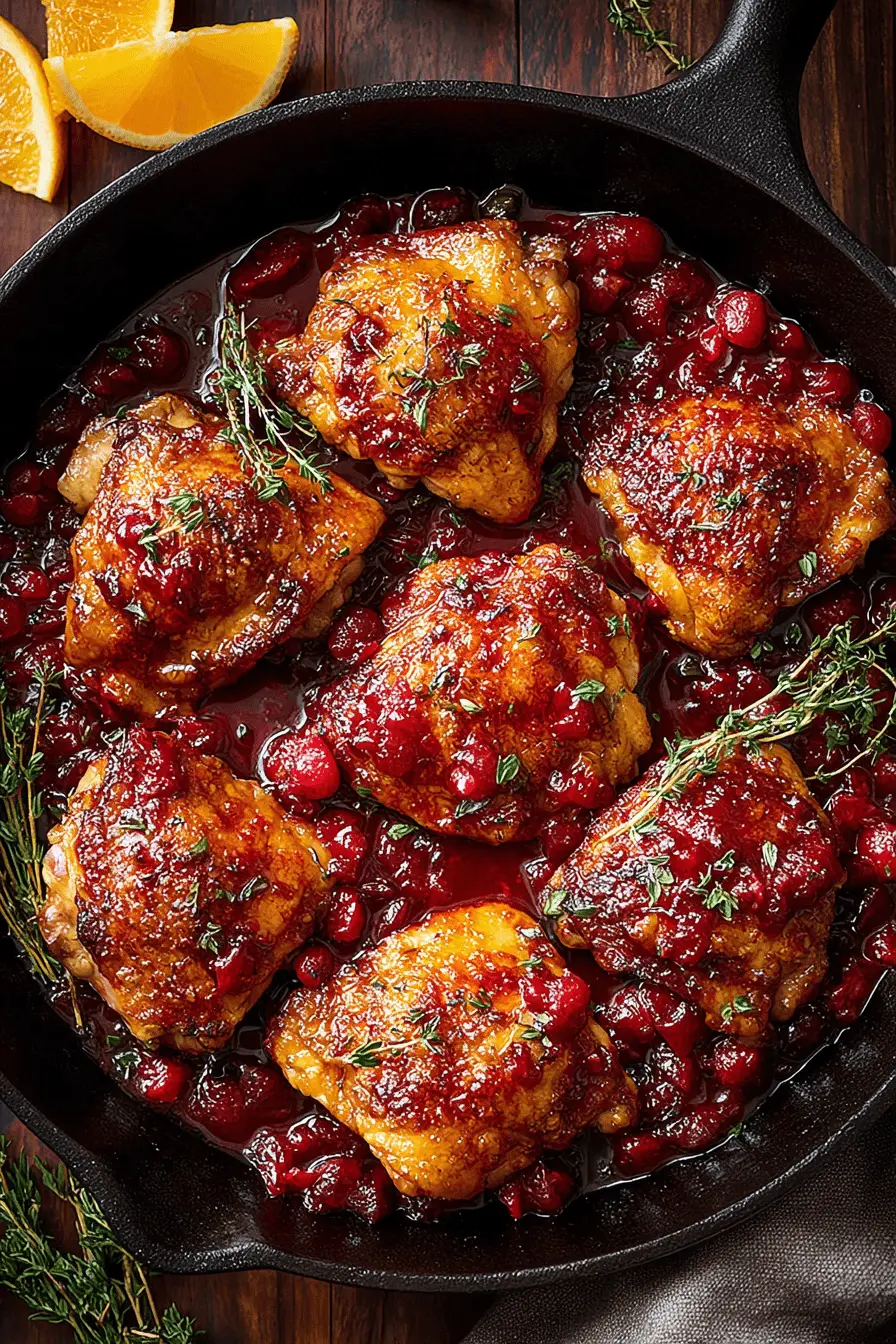 Amazing Cranberry Orange Chicken for Busy Nights 2 Top-down view of glistening cranberry orange chicken thighs in a cast-iron skillet, garnished with fresh thyme.