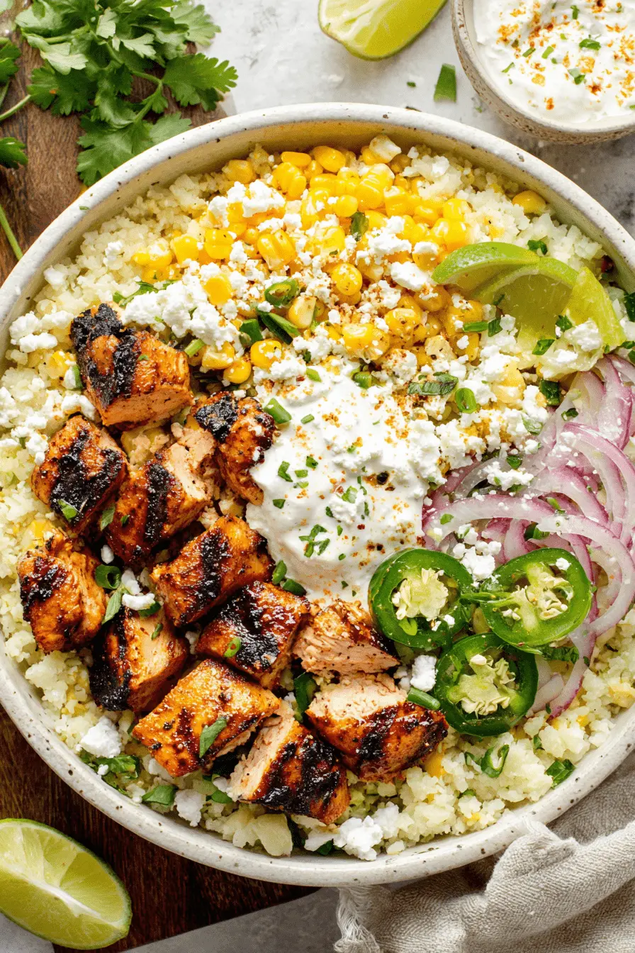 Amazing Street Corn Chicken Rice Bowl Recipe 2 Vibrant street corn chicken rice bowl with grilled chicken, creamy sauce, cotija cheese, and fresh lime wedges.