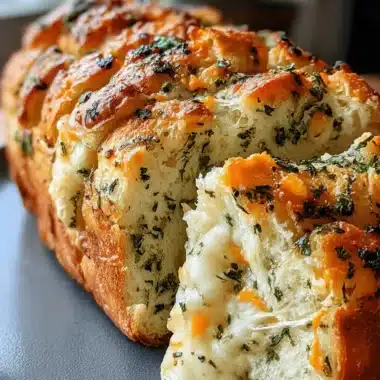 The Ultimate Italian Herbs and Cheese Bread 3 Detailed close-up of warm, pull-apart italian herbs and cheese bread showing strands of melted mozzarella.