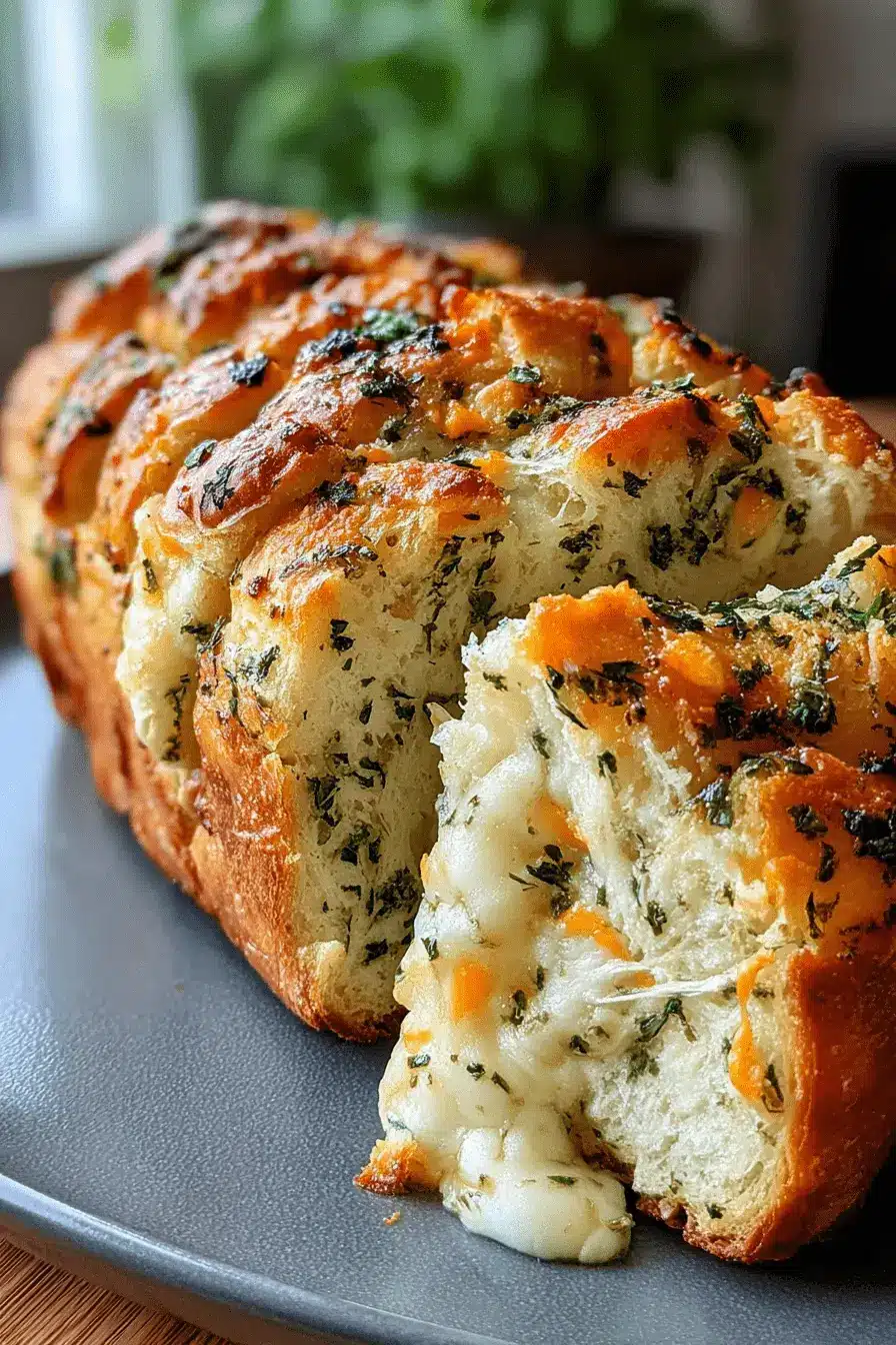The Ultimate Italian Herbs and Cheese Bread 2 Detailed close-up of warm, pull-apart italian herbs and cheese bread showing strands of melted mozzarella.