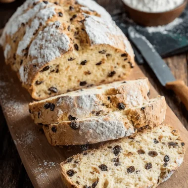 Wonderful Irish Soda Bread: Quick & Easy Recipe 3 Freshly baked, round loaf of traditional raisin **irish soda bread** sliced on a wooden cutting board with butter and milk.