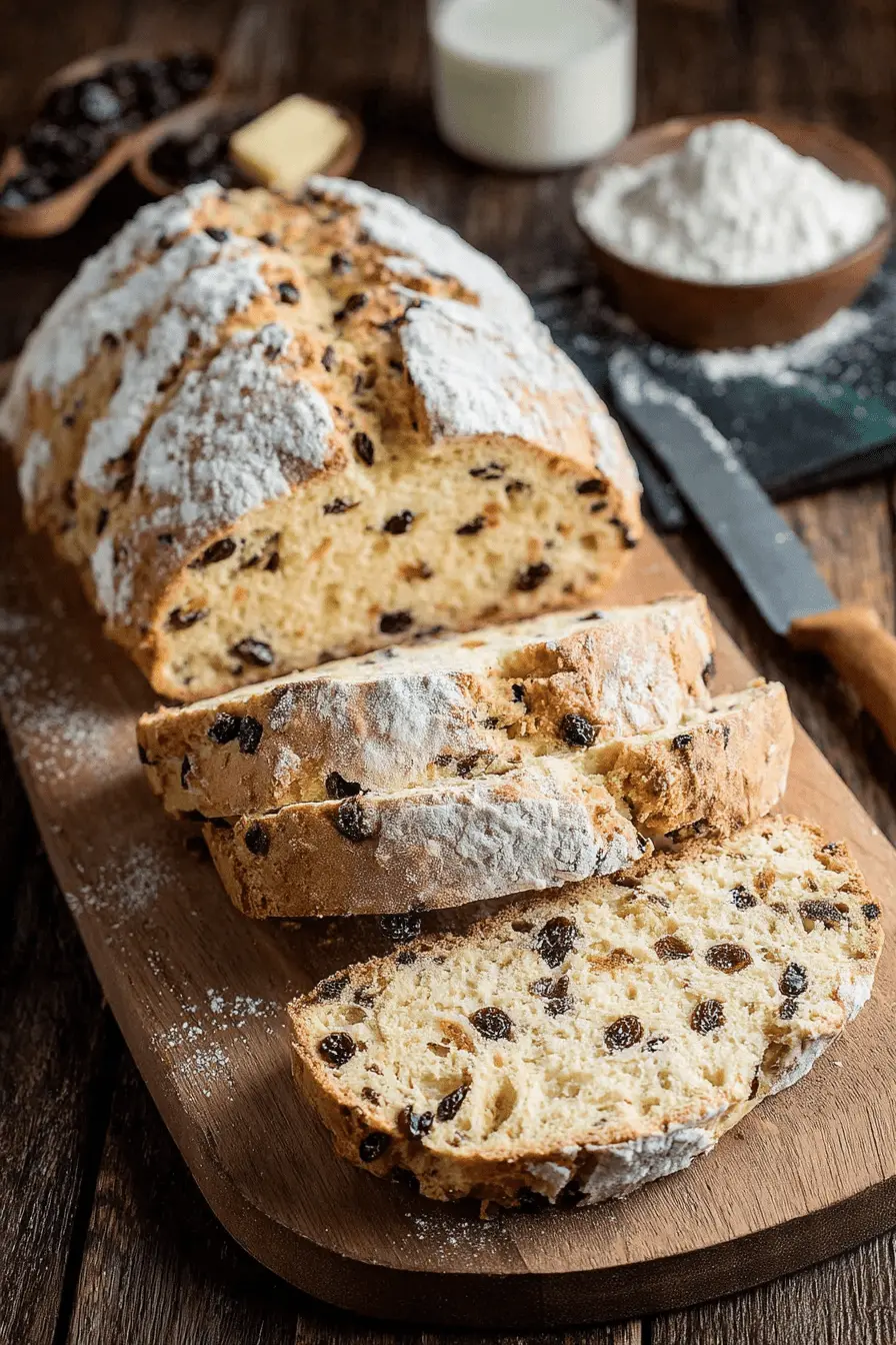 Wonderful Irish Soda Bread: Quick & Easy Recipe 2 Freshly baked, round loaf of traditional raisin **irish soda bread** sliced on a wooden cutting board with butter and milk.