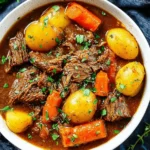 Wonderful Hearty Beef Irish Stew Recipe 5 Close-up of a hearty bowl of traditional beef and potato irish stew garnished with fresh parsley on a dark, rustic background.