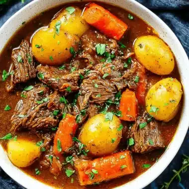 Wonderful Hearty Beef Irish Stew Recipe 4 Close-up of a hearty bowl of traditional beef and potato irish stew garnished with fresh parsley on a dark, rustic background.