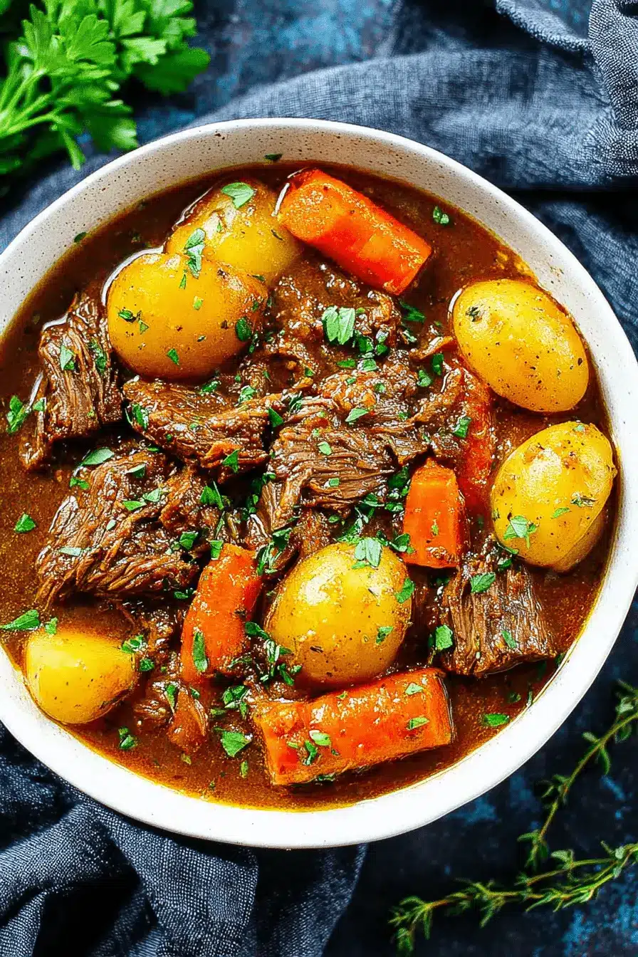 Wonderful Hearty Beef Irish Stew Recipe 2 Close-up of a hearty bowl of traditional beef and potato irish stew garnished with fresh parsley on a dark, rustic background.