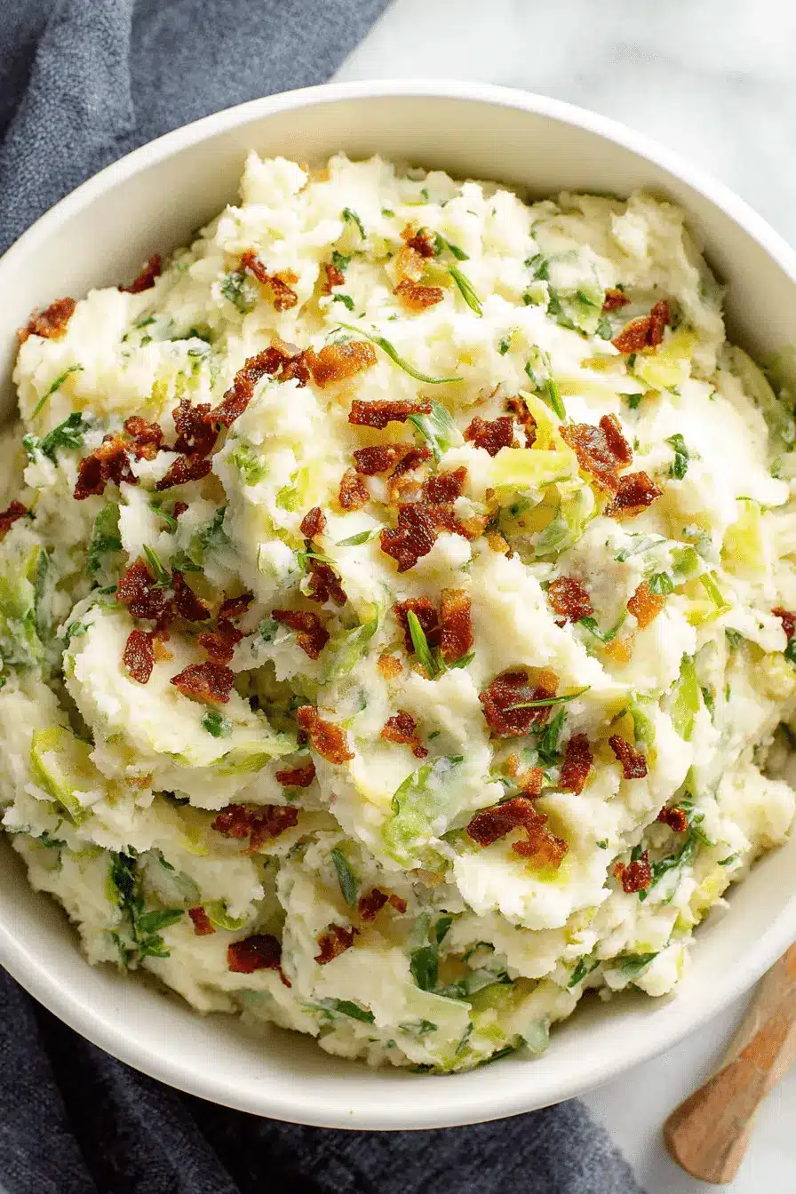 Amazing Colcannon Recipe: Irish Comfort in a Bowl 2 Overhead view of a creamy, homemade colcannon recipe topped with crispy bacon crumbles and fresh scallions.