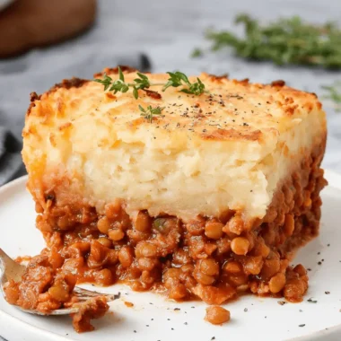 Amazing Foolproof Vegan Shepherd's Pie 4 Slice of hearty lentil vegan shepherds pie with a golden-brown mashed potato crust, garnished with fresh thyme.