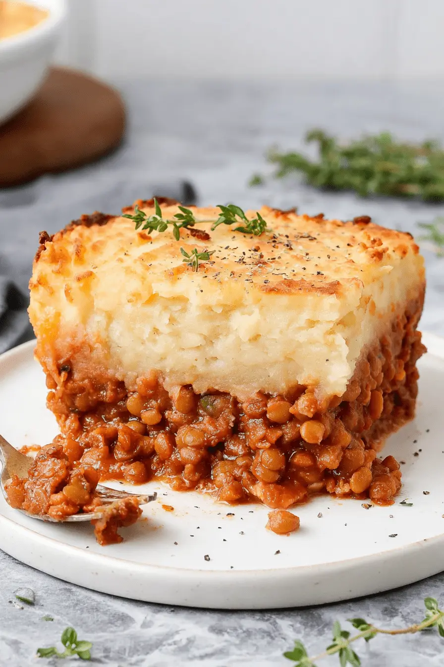 Amazing Foolproof Vegan Shepherd's Pie 2 Slice of hearty lentil vegan shepherds pie with a golden-brown mashed potato crust, garnished with fresh thyme.