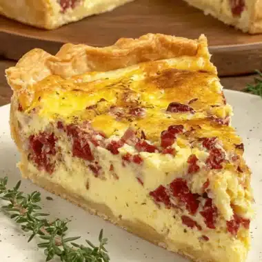 The Ultimate Italian Easter Pie Recipe 4 Generous slice of golden-brown Italian Easter Pie with a flaky crust and savory meat filling, garnished with fresh thyme.