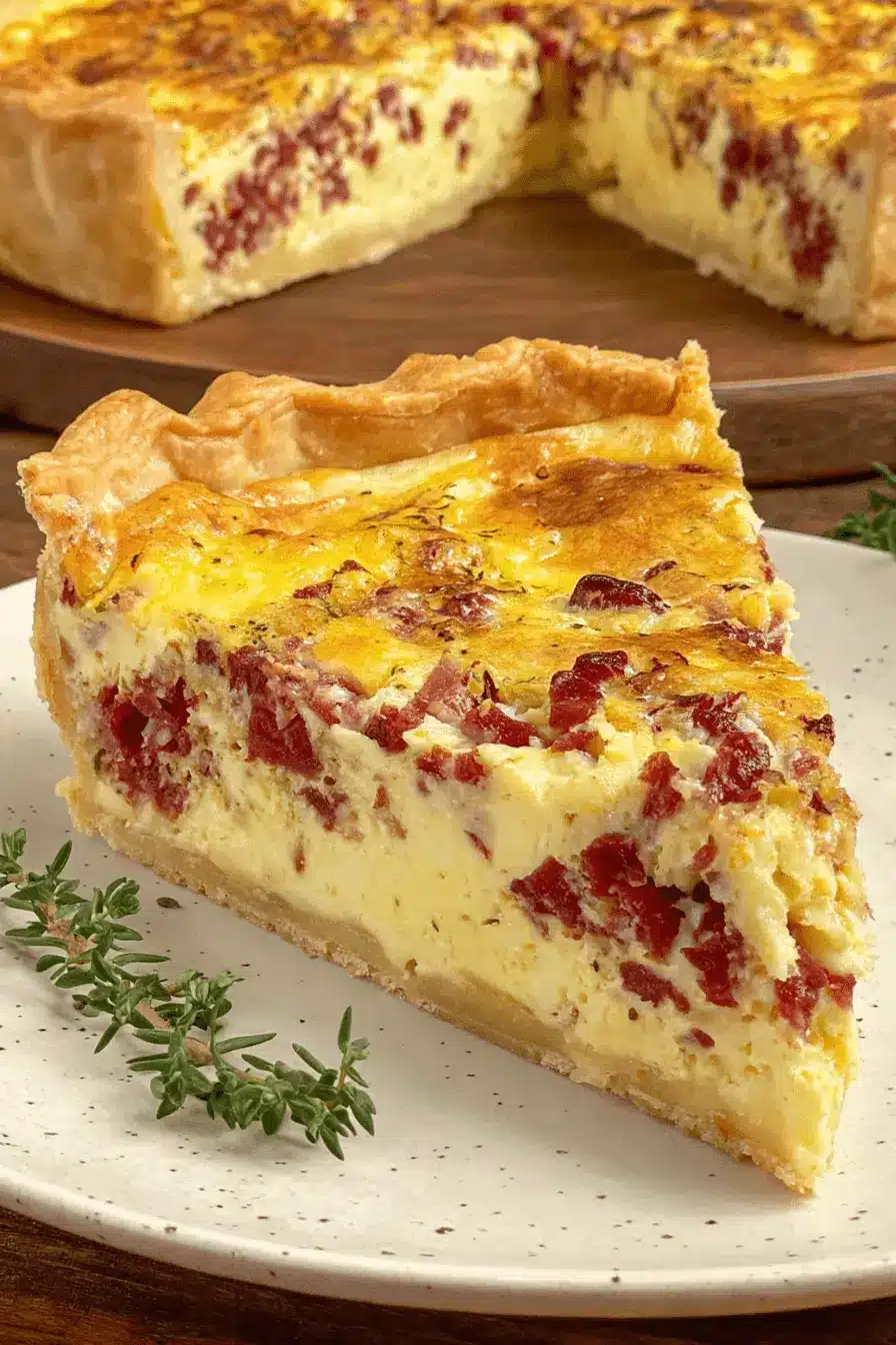 The Ultimate Italian Easter Pie Recipe 2 Generous slice of golden-brown Italian Easter Pie with a flaky crust and savory meat filling, garnished with fresh thyme.