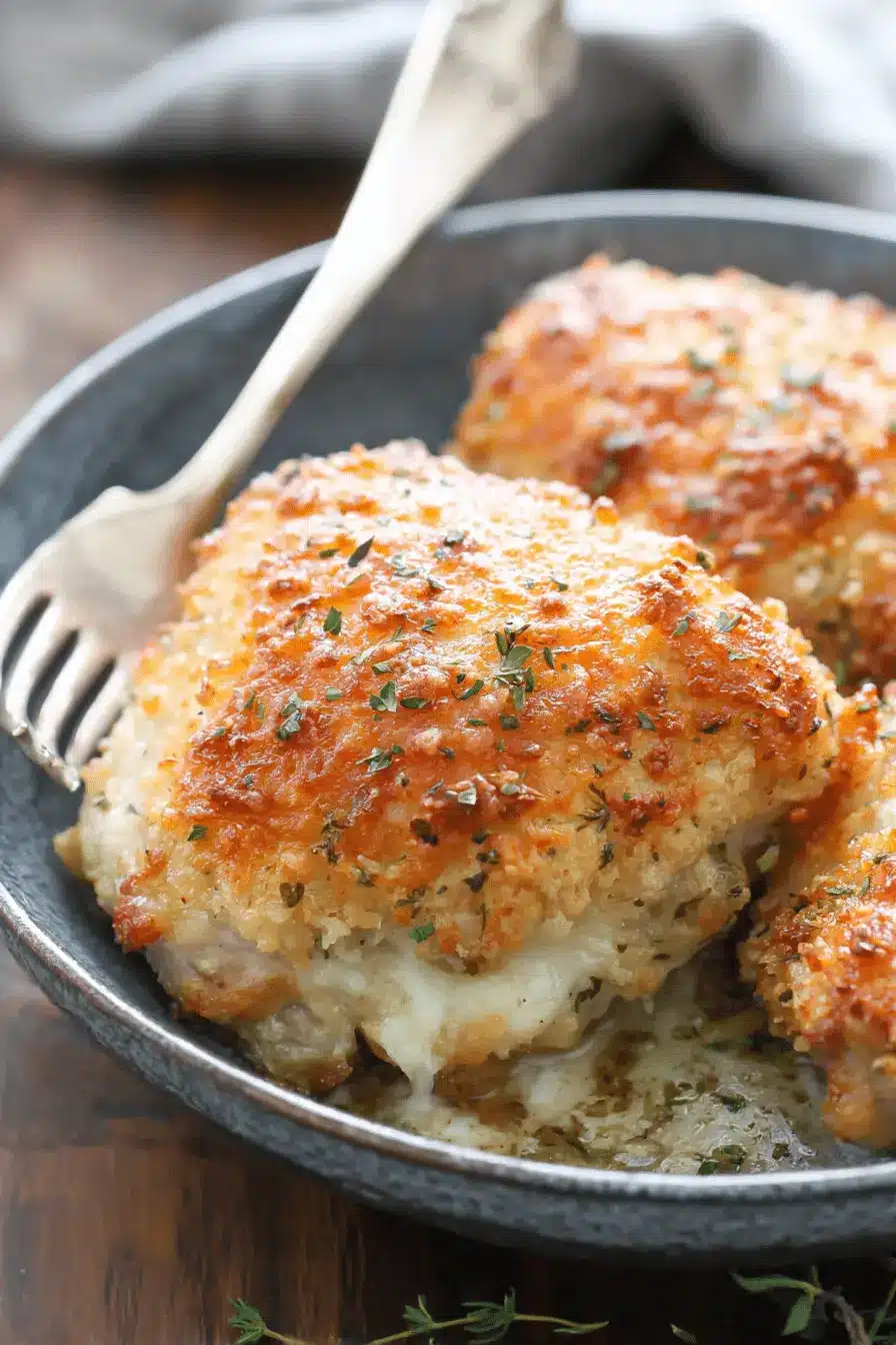 Easy Cheddar Ranch Chicken: A Weeknight Victory 2 Golden-brown, breaded cheddar ranch chicken thighs stuffed with melted cheese and herbs, served in a rustic dark bowl.