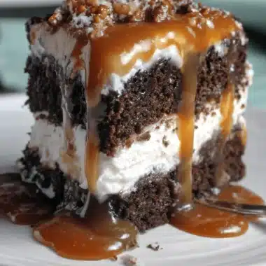 Amazing Chocolate Caramel Toffee Crunch Cake 4 Decadent slice of layered chocolate caramel toffee crunch cake with rich caramel drizzle and a crunchy topping.