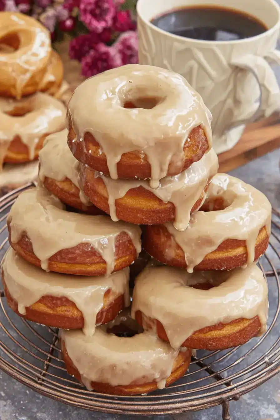 Foolproof Homemade Maple Donut Bars 2 Close-up of stacked, maple-glazed donuts that resemble tasty maple donut bars cooling on a copper rack.