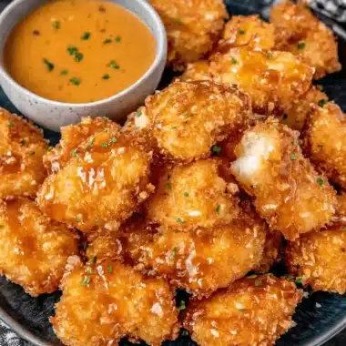 Simple & Sensational Baked Bang Bang Chicken 3 Crispy fried halloumi cheese bites served with a creamy orange sauce, offering a vegetarian take on **bang bang chicken** flavors.
