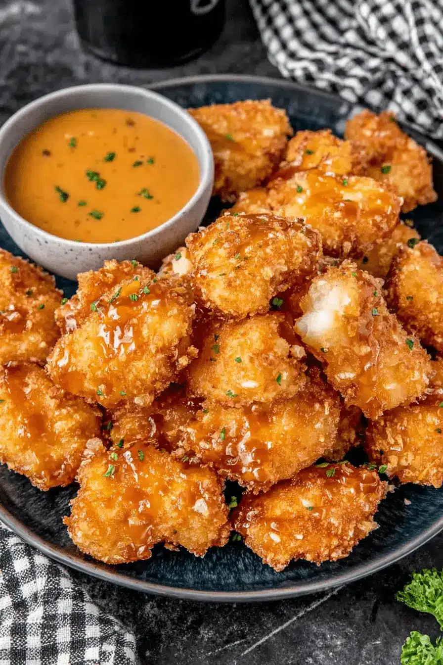 Simple & Sensational Baked Bang Bang Chicken 2 Crispy fried halloumi cheese bites served with a creamy orange sauce, offering a vegetarian take on **bang bang chicken** flavors.