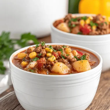 Amazing One-Pot Cowboy Soup Recipe 3 Hearty, chunky cowboy soup with ground beef, potatoes, and corn, garnished with parsley on a rustic wooden table.