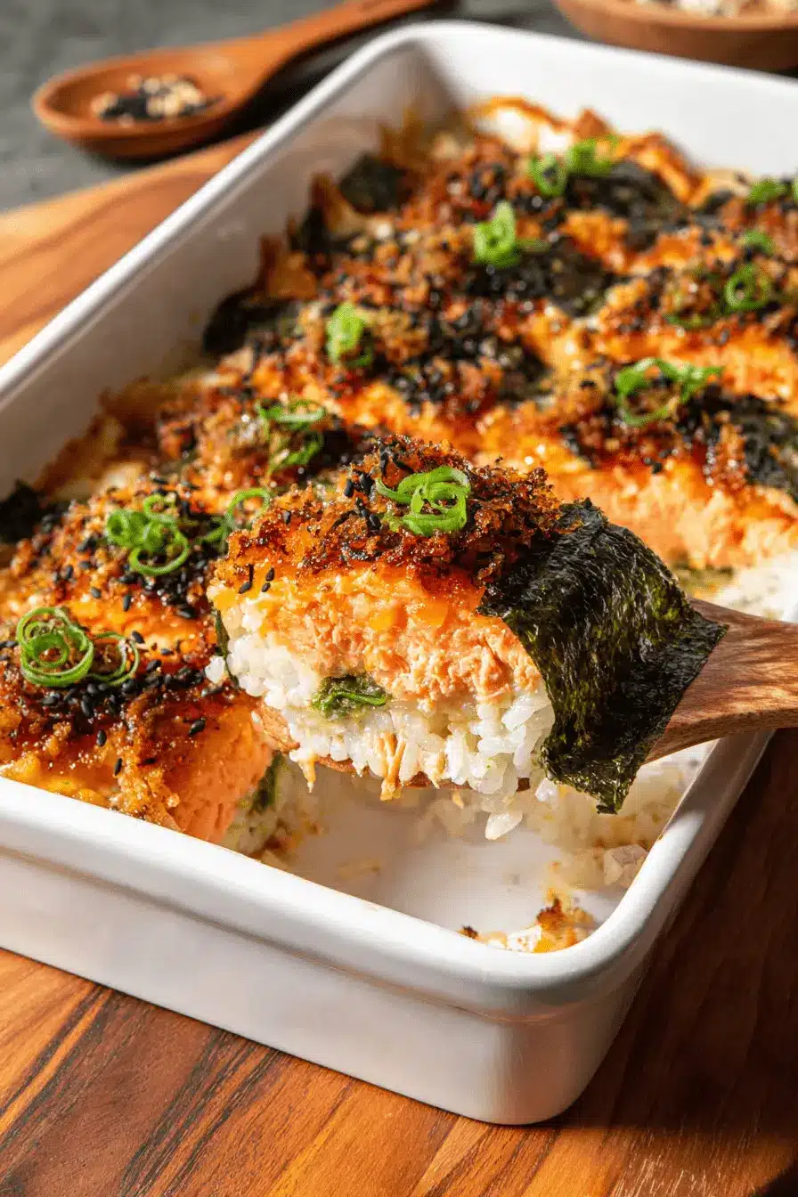 Amazing Salmon Sushi Bake Recipe 2 Close-up of a layered, golden-crusted salmon sushi bake recipe being served from a white baking dish.