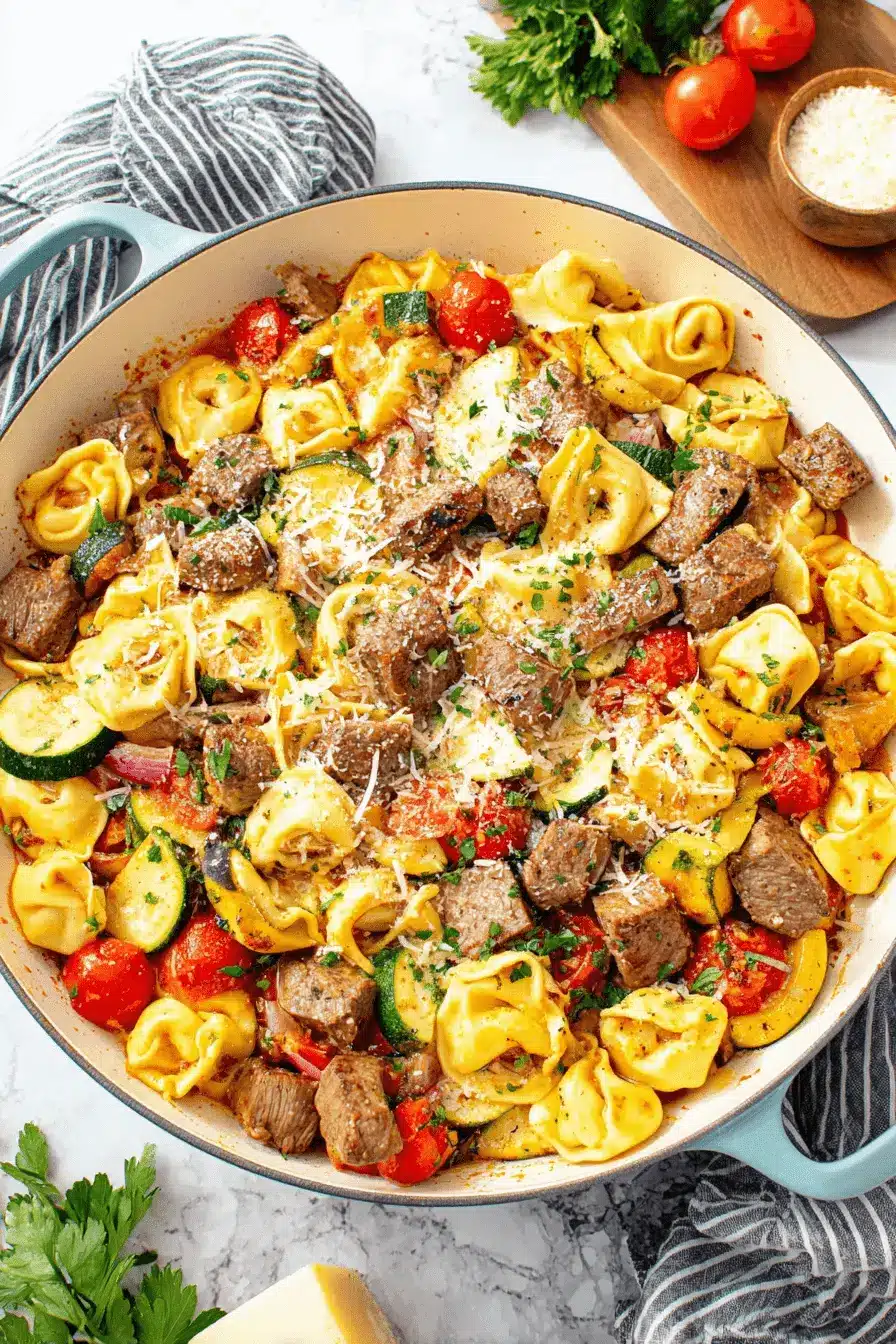 Ultimate Garlic Steak Tortellini in 30 Minutes 2 Hearty skillet of garlic steak tortellini mixed with cherry tomatoes, zucchini, and fresh Parmesan cheese.