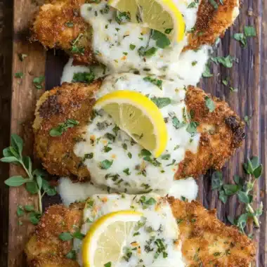 Ultimate Lemon Chicken Romano Recipe 3 Overhead view of three crispy breaded Lemon Chicken Romano cutlets covered in creamy white sauce, garnished with fresh herbs and lemon slices on a dark wood board.