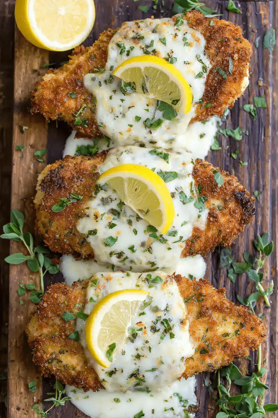 Ultimate Lemon Chicken Romano Recipe 2 Overhead view of three crispy breaded Lemon Chicken Romano cutlets covered in creamy white sauce, garnished with fresh herbs and lemon slices on a dark wood board.