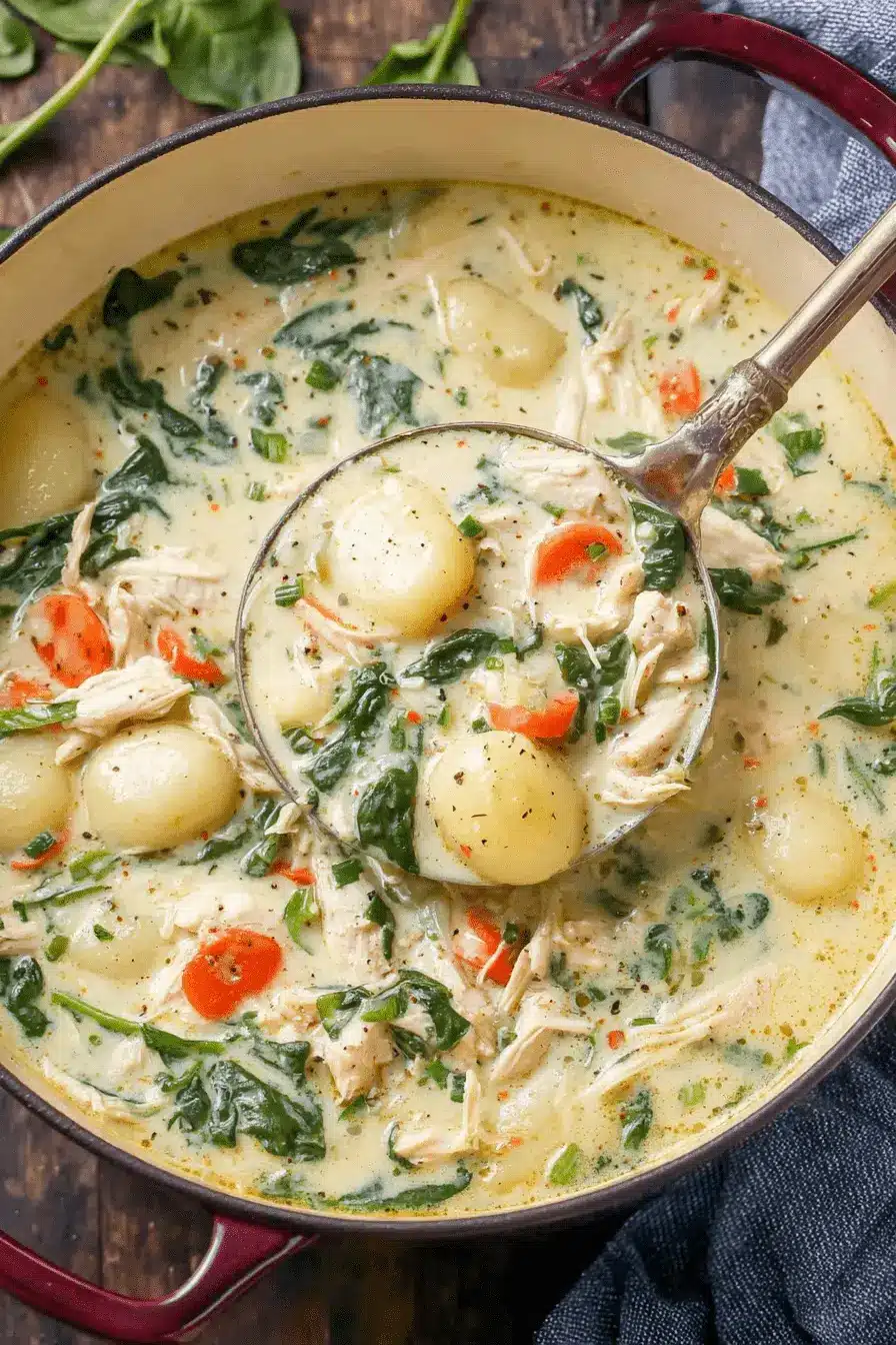 Amazing Chicken Gnocchi Soup in 30 Minutes 2 Overhead close-up of creamy, hearty chicken gnocchi soup, rich with shredded chicken and gnocchi, served in a red cast-iron pot.