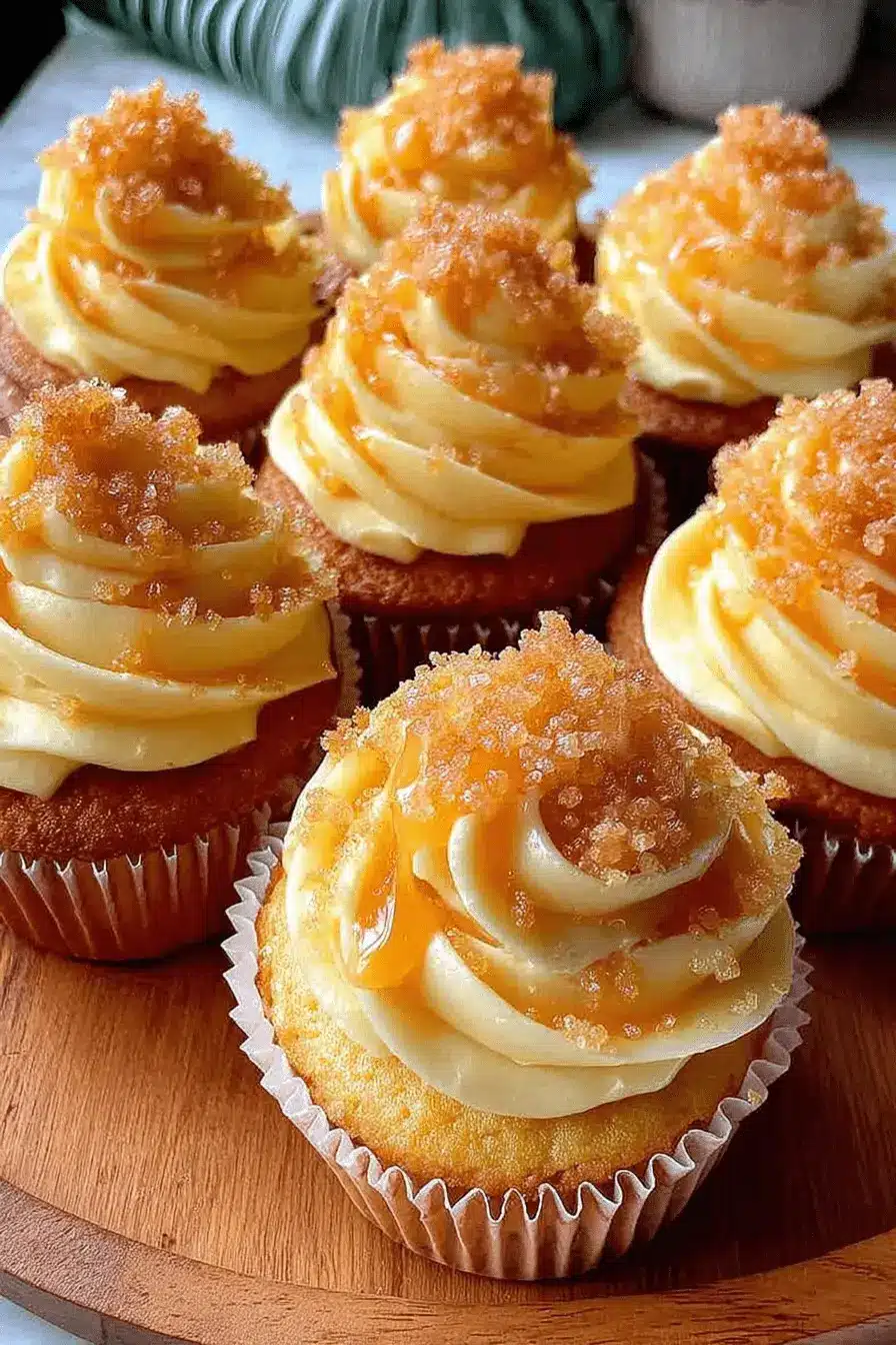 Ultimate Honey Peach Cream Cheese Cupcakes 2 Several gourmet honey peach cream cheese cupcakes arranged on a wooden board, featuring pale yellow frosting, caramel drizzle, and amber sugar crystals.