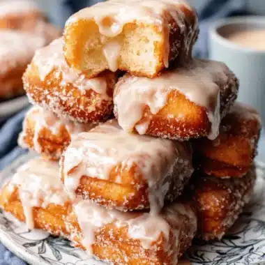 The Ultimate Maple Donut Bars Recipe 3 Stack of golden-brown Maple Donut Bars drizzled with a creamy glaze on a decorative white plate.