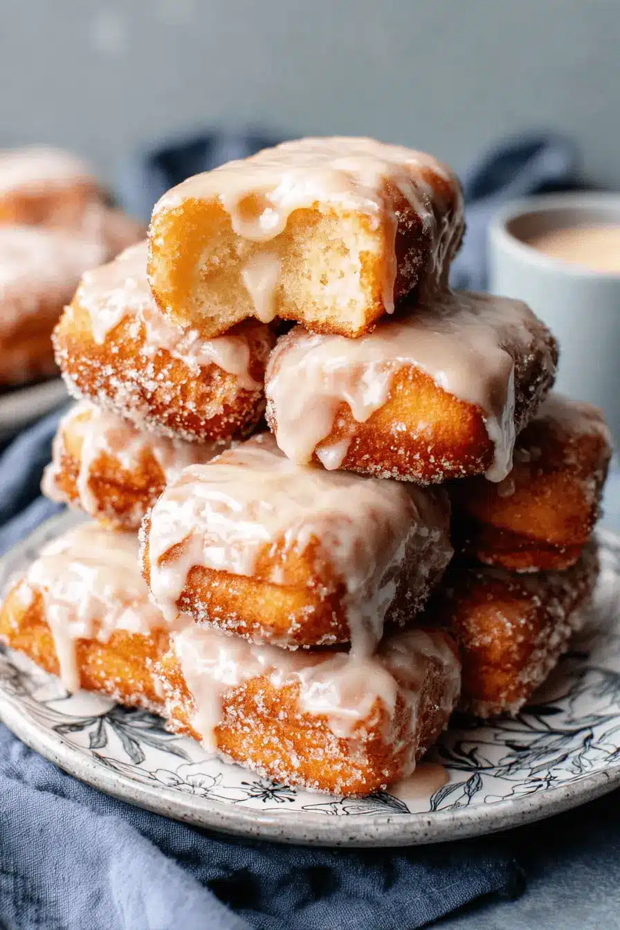 The Ultimate Maple Donut Bars Recipe 2 Stack of golden-brown Maple Donut Bars drizzled with a creamy glaze on a decorative white plate.