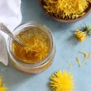 Magic Dandelion Jelly Recipe: Capture Sunshine 4 Jar of homemade amber dandelion jelly with a spoon and loose petals, representing a successful dandelion jelly recipe.