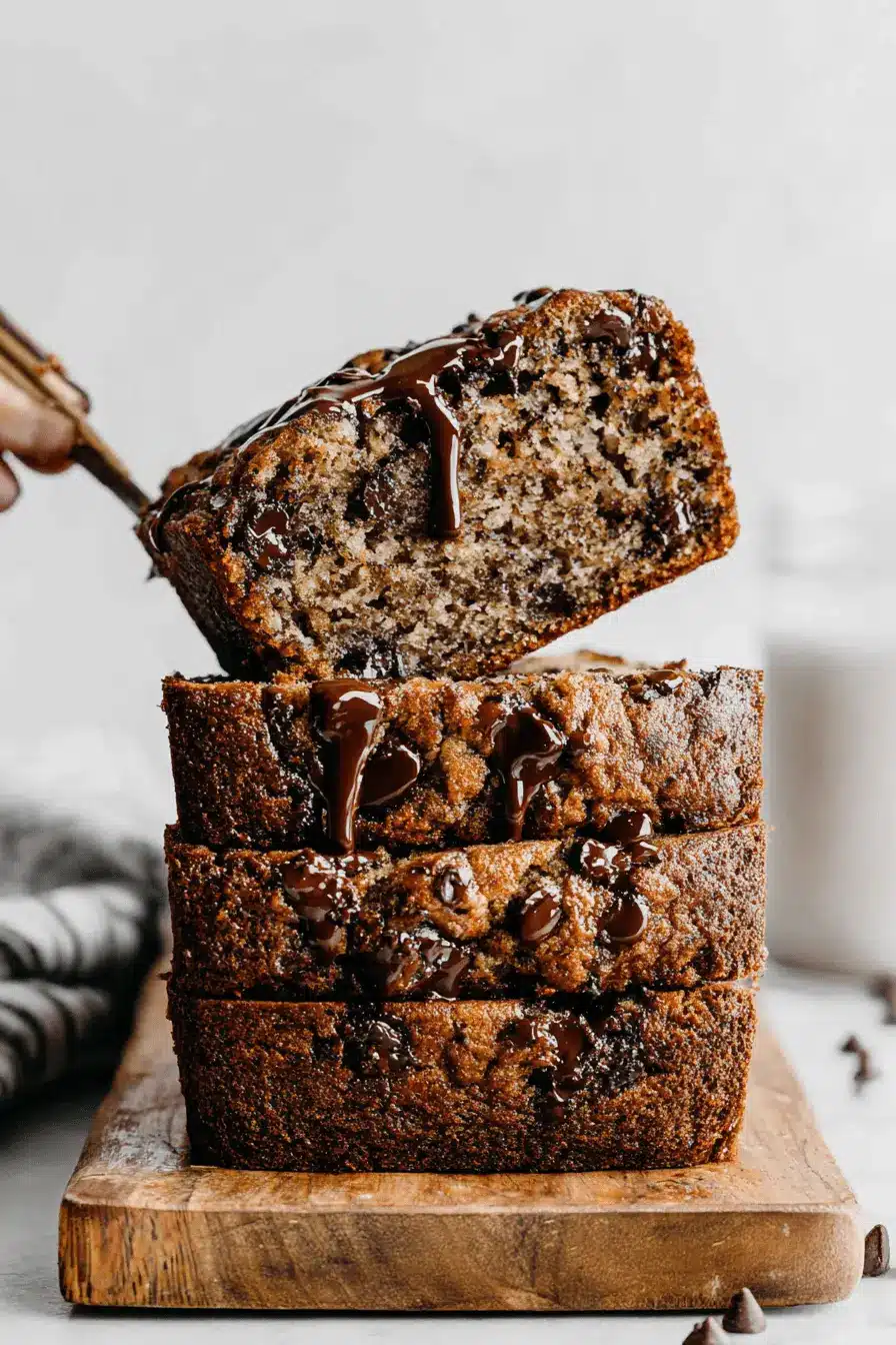 Ultimate Moist Chocolate Chip Banana Bread 2 Three moist slices of Chocolate Chip Banana Bread stacked on a wooden board, drizzled with chocolate sauce, with one slice being lifted.